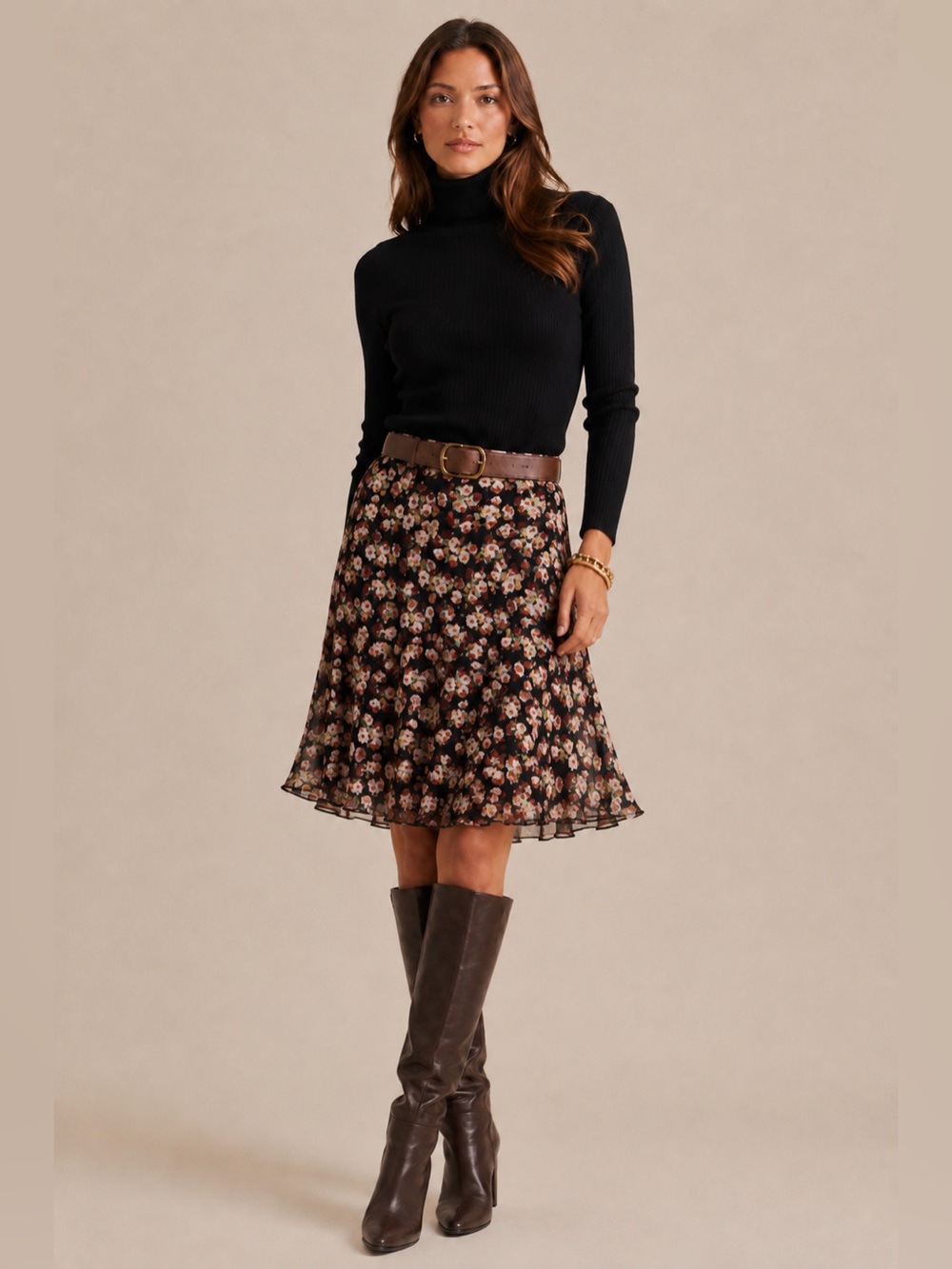 Vintage Y2K Lauren Ralph Lauren Floral Chiffon Godet Midi Skirt Black Rose Print